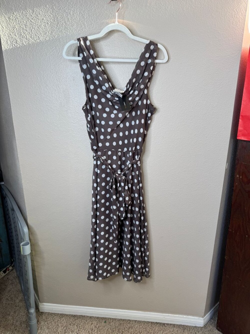 Robert Louis XL Brown White Polka Dot Sleeveless Dress V-Neck Waist Tie NEW